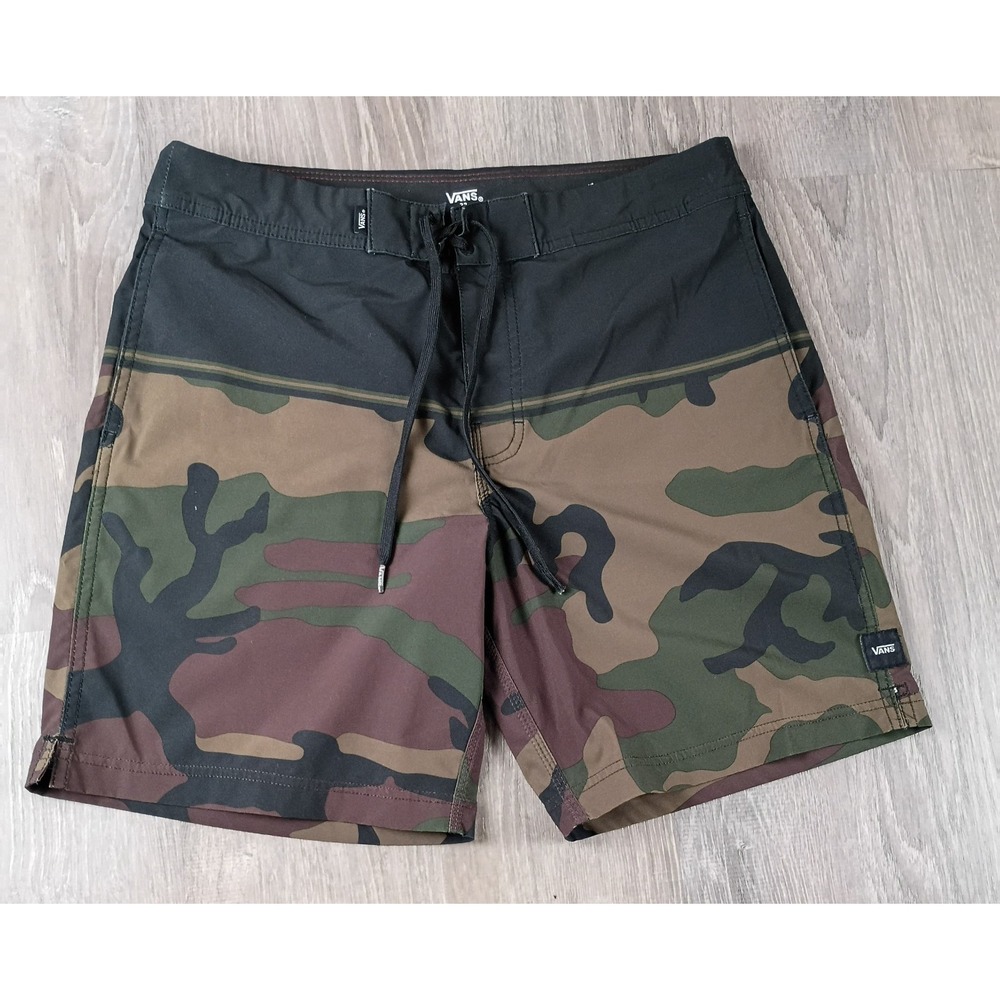 Vans Shorts Mens 32 Green Camo Black Boardshorts Drawstring Logo **